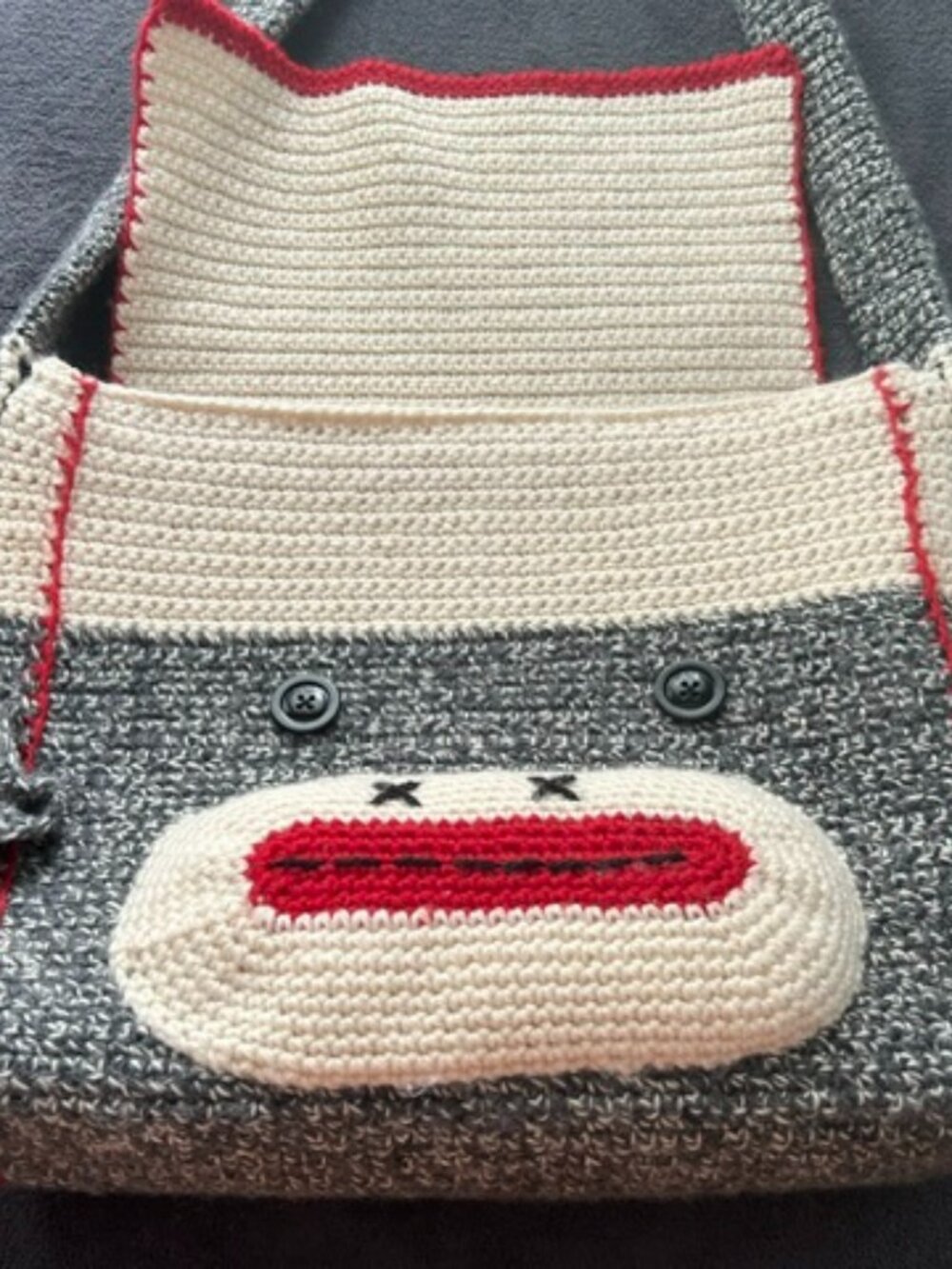 Crocheted Sock Monkey Shoulder Bag with Flap Closure